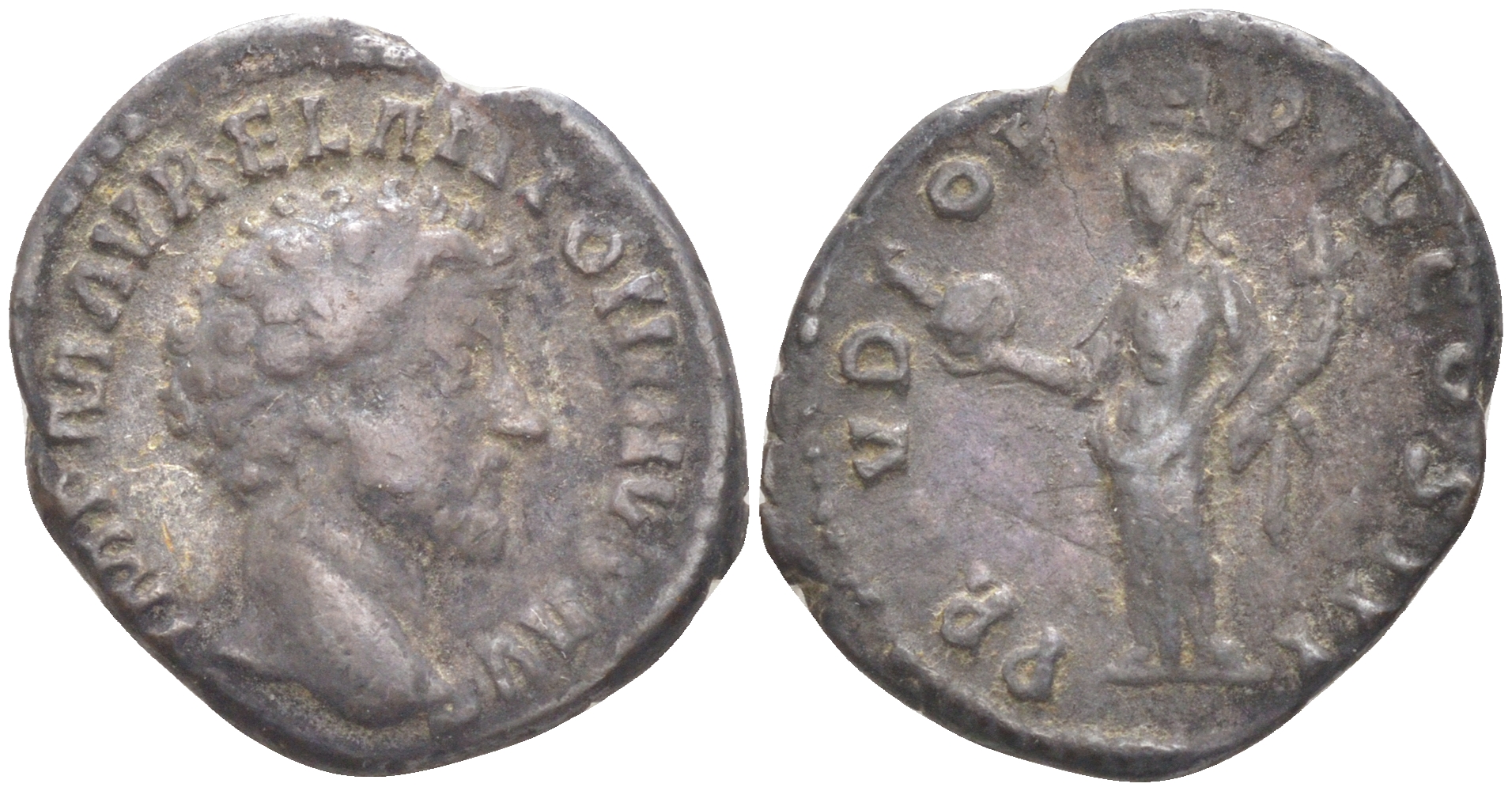 Римская Империя денарий 161 Марк Аврелий, голова императора, IMP M AVREL ANTONINVS AVG / Провиденция, персонификация Божественного Предвидения, PROV DEOR TR P XV COS III, Рим, 1073-14-104