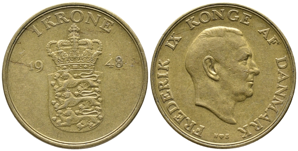 ДАНИЯ 1 КРОНА 1948 N; S, ФРЕДЕРИК IX (1947-1972) KM 837.1 алюминиевая бронза 32-314