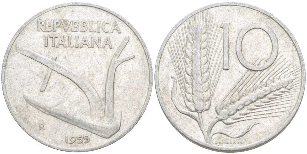 ИТАЛИЯ 10 ЛИР 1955 R, ПЛУГ, КОЛОСЬЯ KM 93 алюминий 175-356