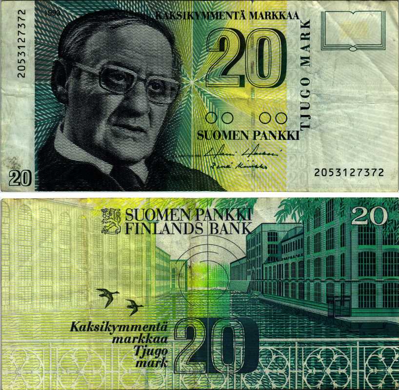 Финляндия 20 марок 1993 Вяйнё Линна Pick 122 бумага 7203-65-3-1