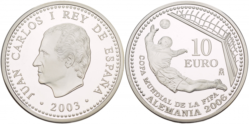 Испания 10 евро 2003 чемпионат мира по футболу в Германии 2006, вратарь, гол KM 1076 серебро PROOF 1088-5-62