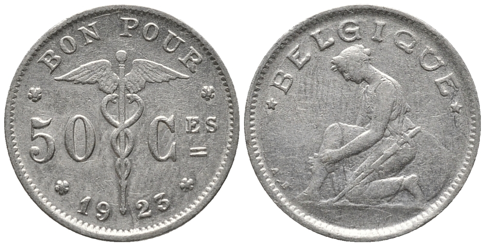 БЕЛЬГИЯ 50 САНТИМОВ 1923 BELGIQUE KM 87 никель 4387-657