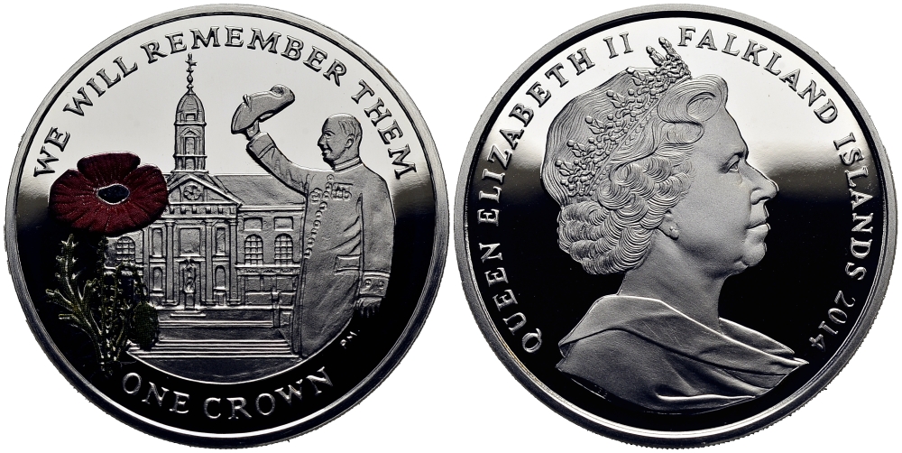 Фолклендские острова 1 крона 2014 в память героев первой мировой войны, Королевский госпиталь Челси, красный мак KM 177a.1 серебро, эмаль  PROOF 1071-2-53