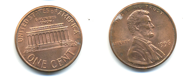 США 1 ЦЕНТ 1996 ЛИНКОЛЬН KM 201b цинк плакированный медью 86-327