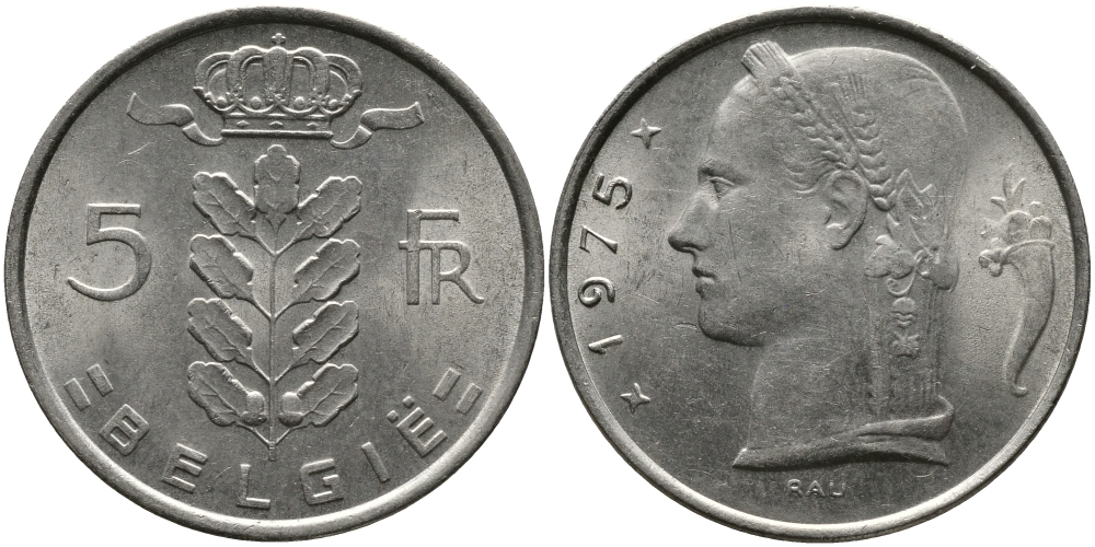 Бельгия 5 франков 1975 Belgie, Бодуэн I (1951-1993) KM 135.1 медно-никель 98-611