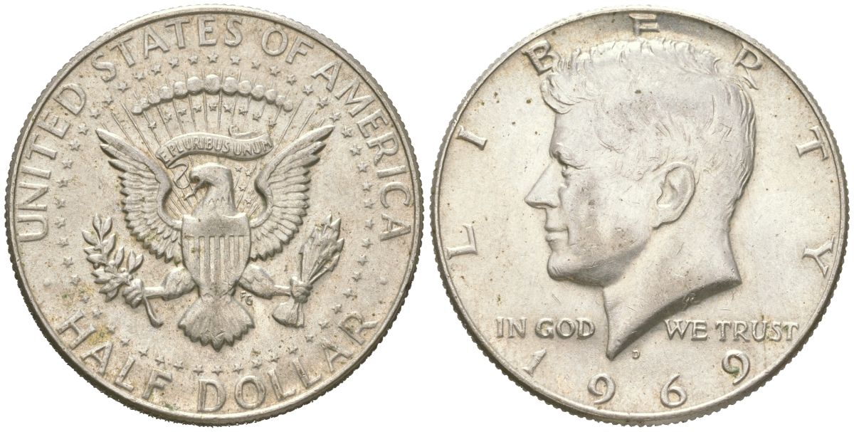 США 1/2 доллара 1969 D KM 202a серебро UNC 82-526