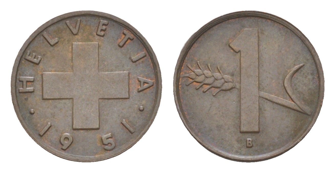 Швейцария 1 раппен 1951 B KM 46 бронза 4532-234