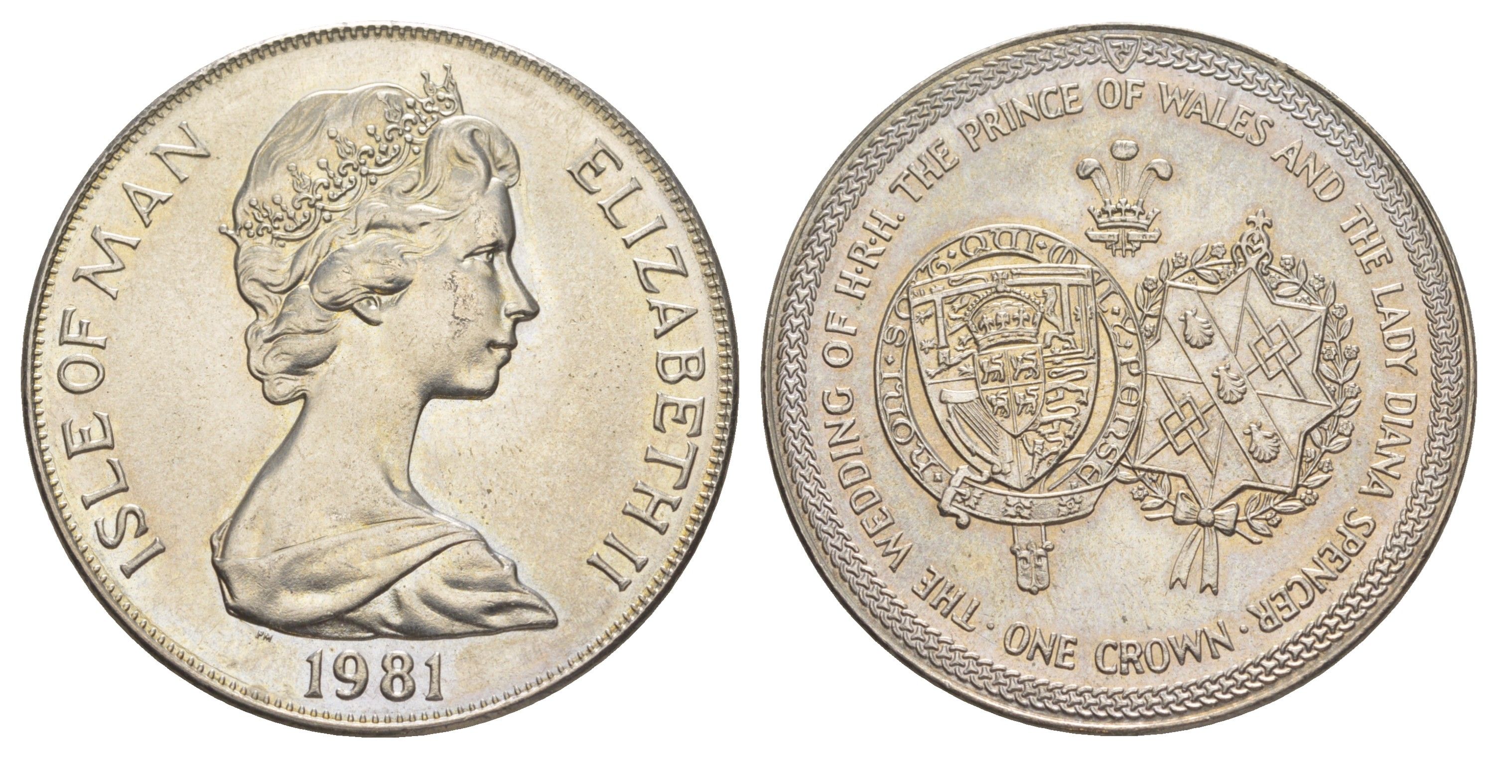 Остров Мэн 1 крона 1981 Свадьба Принца Чарльза и Леди Дианы, гербы KM 81 медно-никель BU 1083-5-32