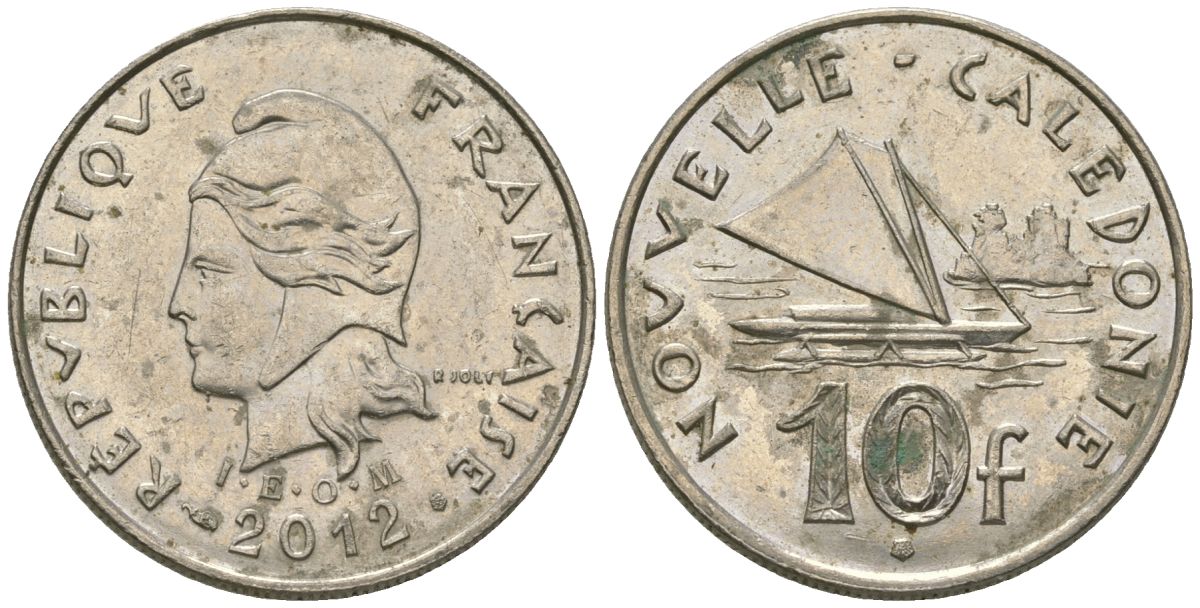Французская Новая Каледония 10 франков 2012 рыбачья парусная лодка, (IEOM) KM 11a, Schoen 13a, Lec 99k медно-никель 65-851