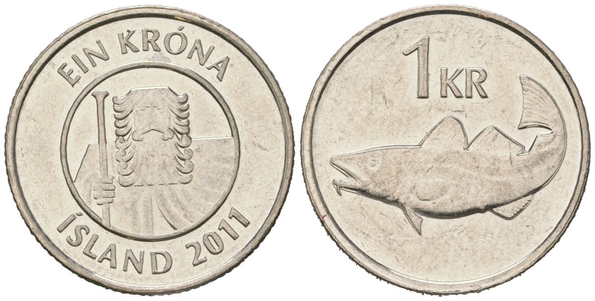 Исландия 1 крона 2011 треска KM 27a сталь плакированная никелем UNC 4618-435