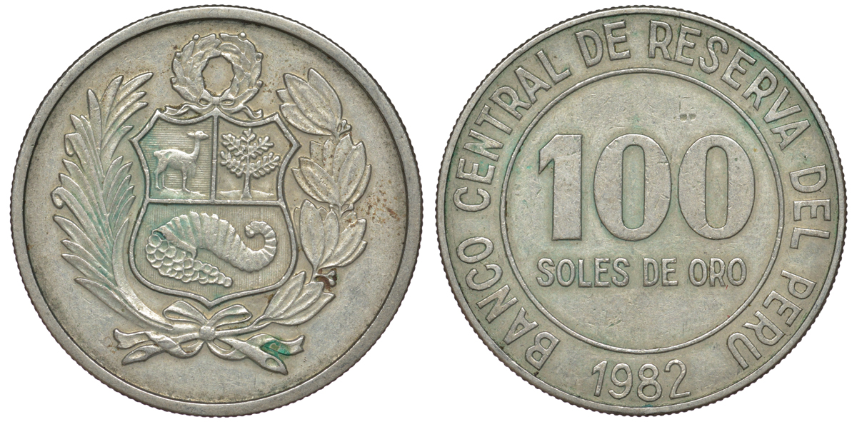 Перу 100 солей 1982 KM 283 медно-никель 4367-712