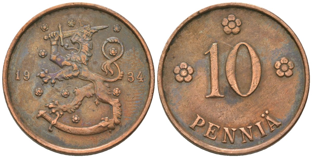 Финляндия 10 пенни 1934 KM 24 медь 4589-125