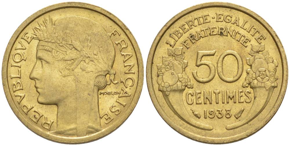 ФРАНЦИЯ 50 САНТИМОВ 1938 ТИП MORLON KM 894.1, LE FRANC 192.14 алюминиевая бронза 44-749