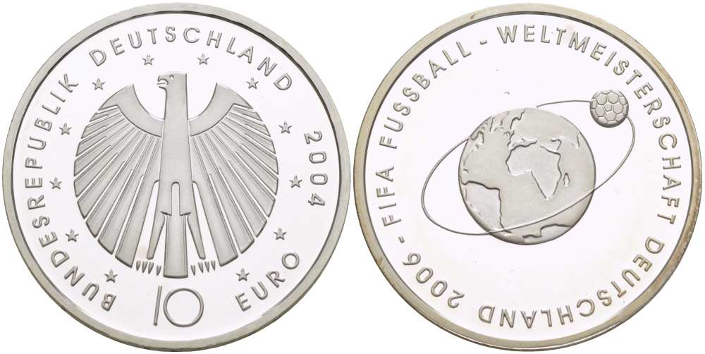 ФРГ 10 евро 2004 чемпионат мира по футболу в Германии 2006 года, футбольный мяч на орбите земли KM 229, DE.S. 10.12 серебро PROOF 00-00