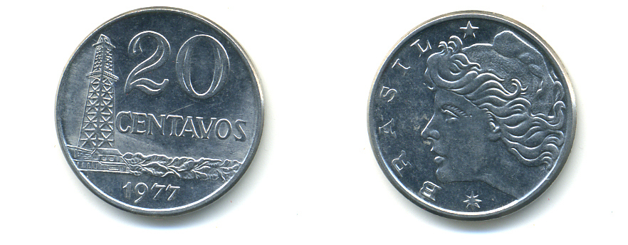 Бразилия 20 сентаво 1977 голова свободы влево KM 579.1a, Schon 84b нержавеющая сталь UNC 86-1042