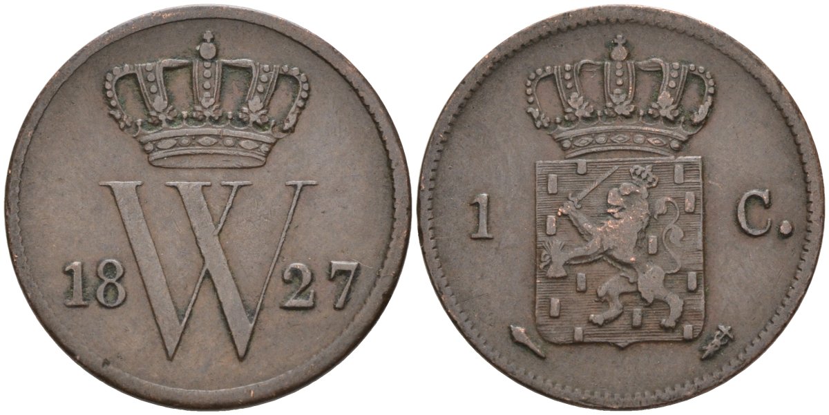 Нидерланды 1 цент 1827 Виллем I (1815-1840) KM 47 медь 4575-947