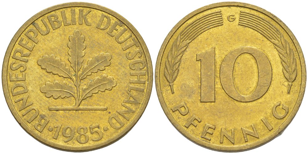 ФРГ 10 ПФЕННИГОВ 1985 G KM 108, J. 383 сталь плакированная латунью 4182-943