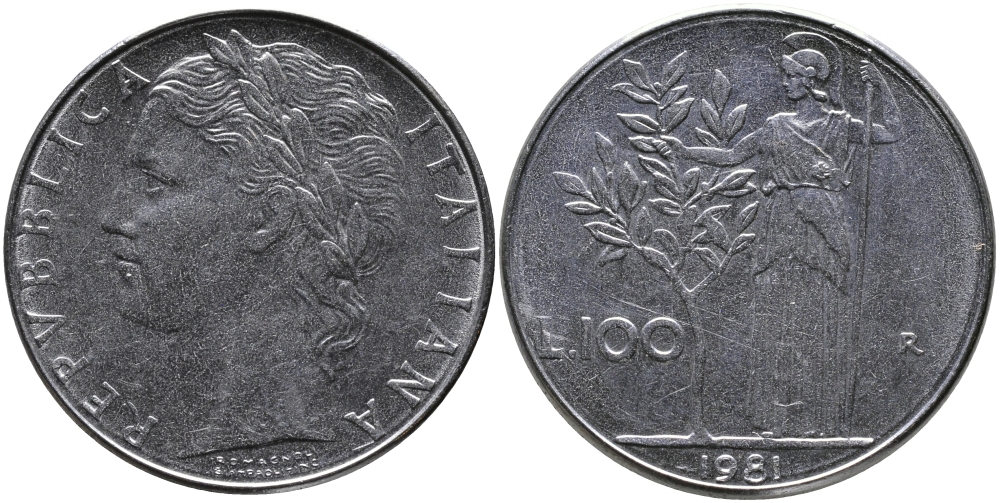 ИТАЛИЯ 100 ЛИР 1981 R, АФИНА KM 96.1 нержавеющая сталь 97-613