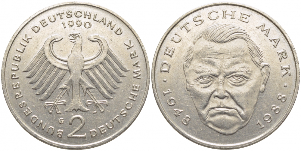 ФРГ 2 МАРКИ 1990 G ЛЮДВИГ ЭРХАРД J. 445, KM 170 медно-никель плакированный никелем 3856-316