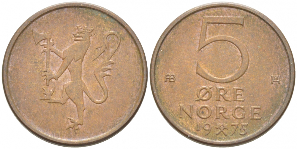 Норвегия 5 эре 1975 Улаф V (1958-1991) KM 415 бронза 3955-163