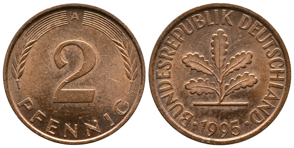 ФРГ 2 ПФЕННИГА 1995 А KM 106a, J.381a сталь плакированная сталь плакированная медьюю 83-836