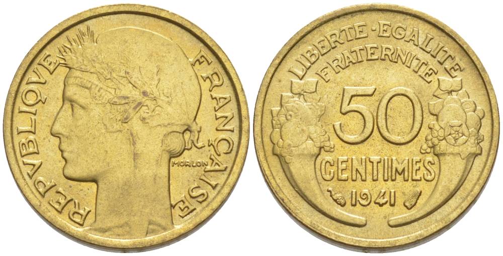 ФРАНЦИЯ 50 САНТИМОВ 1941 ТИП MORLON KM 894.1, LE FRANC 192.18 алюминиевая бронза 44-418