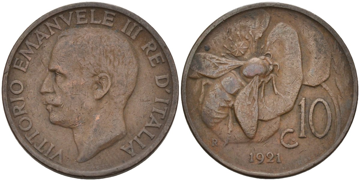 Италия 10 чентезимо 1921 R, пчела, Виктор Эммануил (1900-1946) KM 60 медь 4116-1246