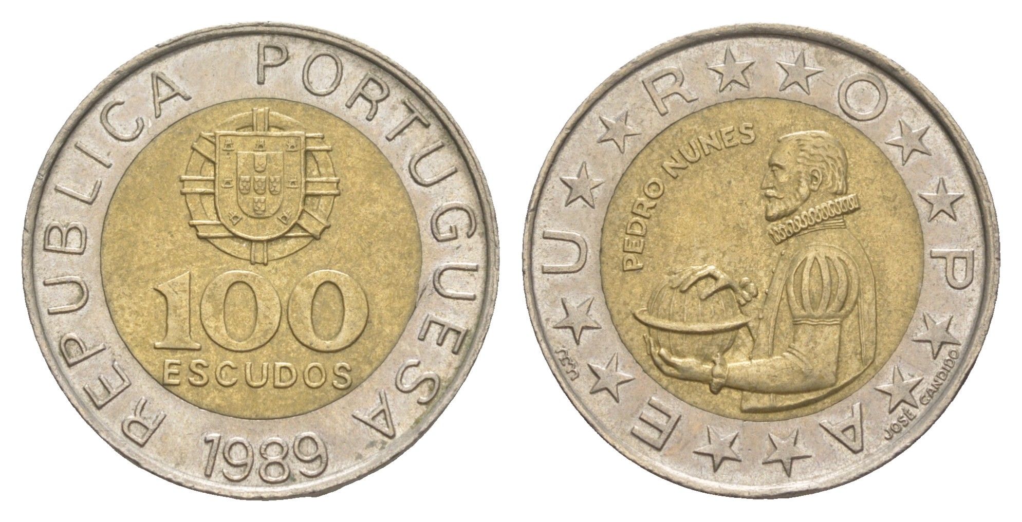 Португалия 100 эскудо 1989 Педру Нуниш (1502-1578), математик KM 645 биметалл 4566-243