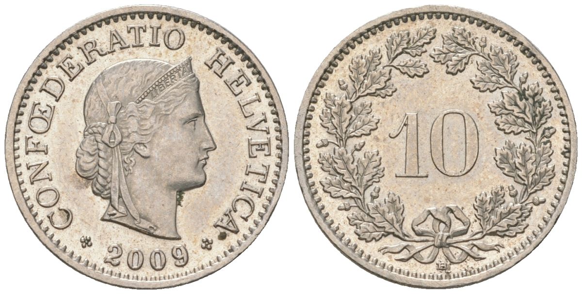 Швейцария 10 раппенов 2009 B KM 27 медно-никель UNC 4549-1122