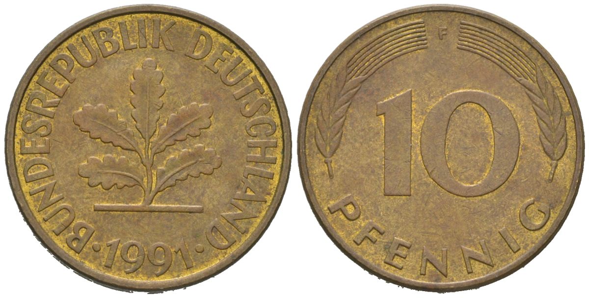 Германия 10 пфеннигов 1991 F KM 108, J. 383 сталь плакированная латунью 4604-1145