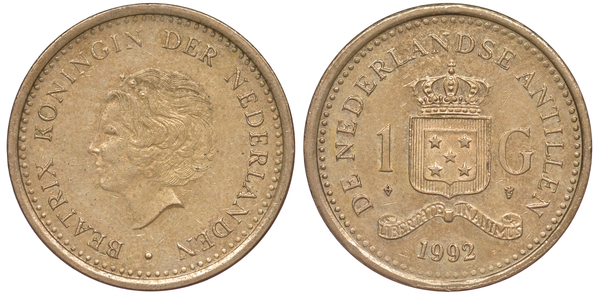 Нидерландские Антилы 1 гульден 1992 Беатрикс (1980-2013) KM 37 позолоченная сталь 25-1945