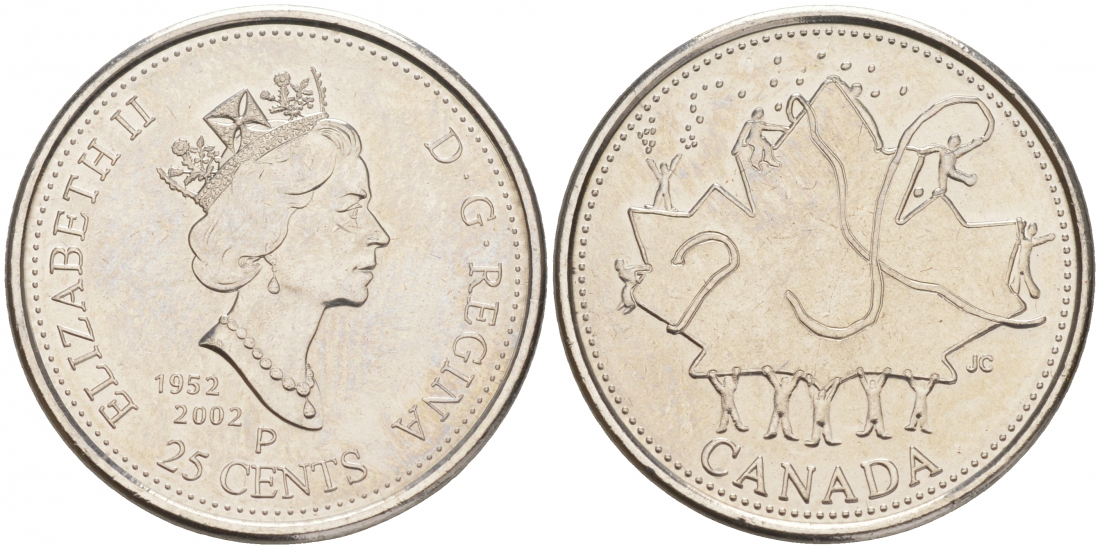 Канада 25 центов 2002 Елизавета II (1952-2022), ДЕНЬ КАНАДЫ - КЛЕНОВЫЙ ЛИСТ, 50 ЛЕТ ПРАВЛЕНИЯ ЕЛИЗАВЕТЫ II (1952-2002) KM 451 никелированная сталь UNC M47-07