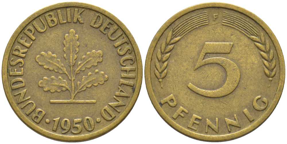 ФРГ 5 ПФЕННИГОВ 1950 F KM 107, J. 382 сталь плакированная латунью 116-259