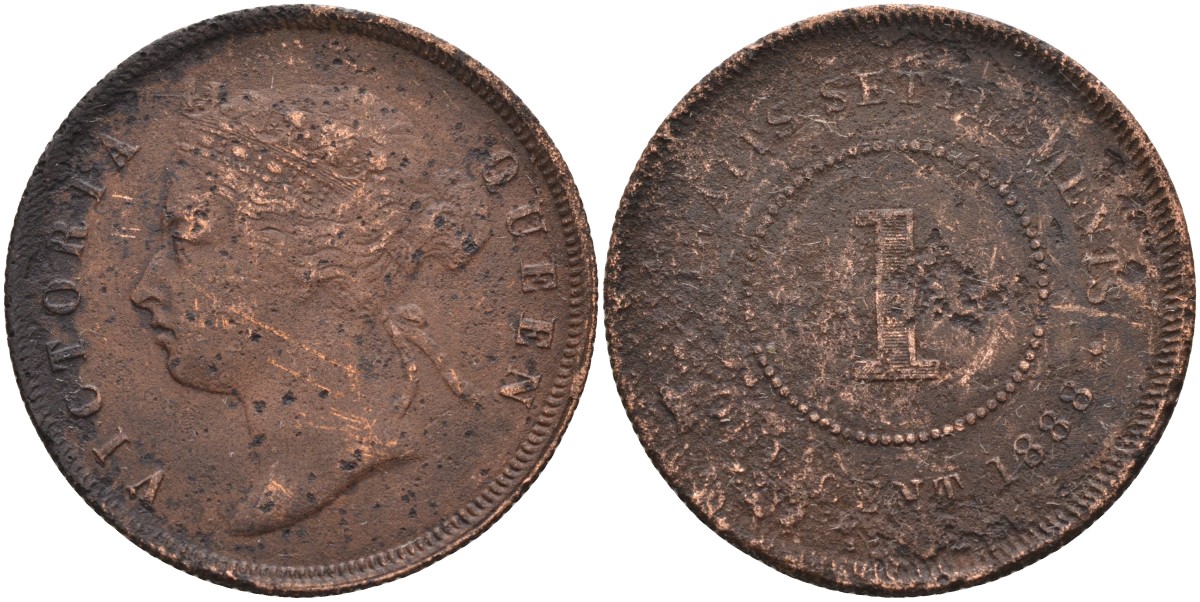 Стрейтс-Сетлментс 1 цент 1888 Виктория (1837-1901), Ост-Индская компания KM 16 бронза 4590-441