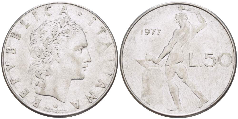 ИТАЛИЯ 50 ЛИР 1977 R, КУЗНЕЦ, ВУЛКАН БОГ ОГНЯ, ДИАМЕТР 25 ММ. KM 95.1 нержавеющая сталь 110-747