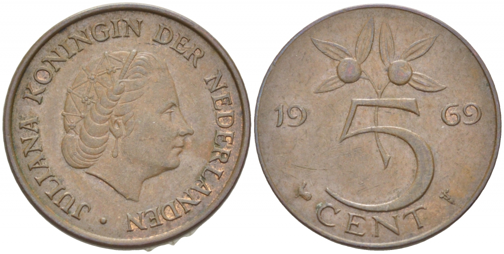 Нидерланды 5 центов 1969 Юлиана (1948-1980) KM 181 бронза 3856-954