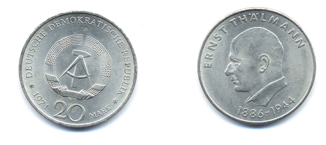 ГДР 20 марок 1971 A, 85 лет со дня рождения Эрнста Тельмана KM 34, J. 1535 медно-никель 3333-525