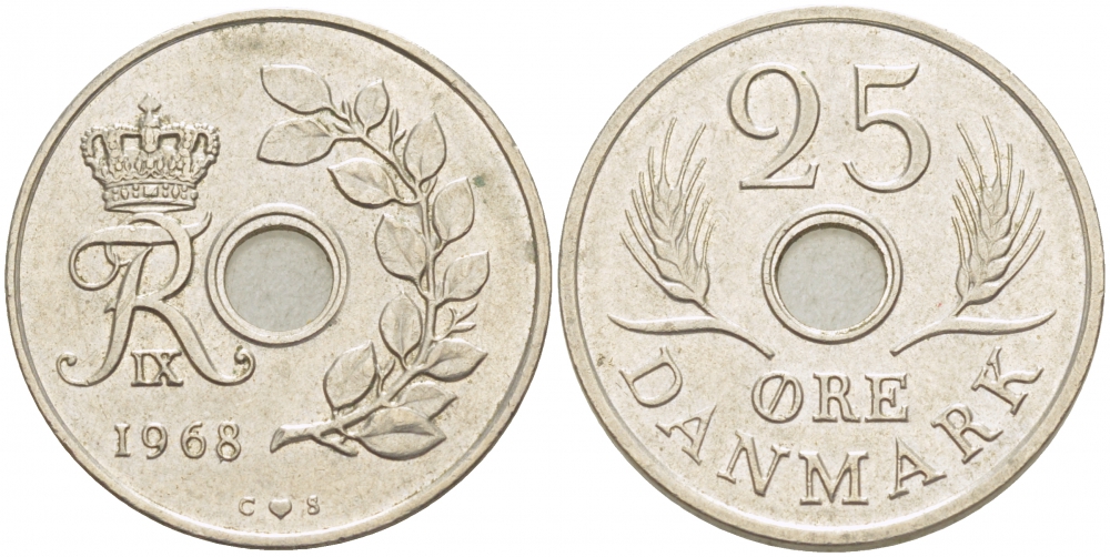 Дания 25 эре 1968 С;S, Фредерик IX (1947-1972) KM 855.1 медно-никель UNC 3851-933