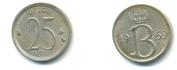 Бельгия 25 сантимов 1969 Belgie, Бодуэн I (1951-1993) KM 154.1 медно-никель 86-1255
