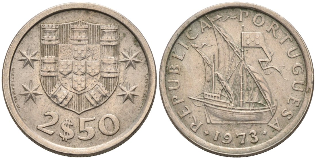 Португалия 2,5 эскудо 1973 парусник КМ 590 медно-никель 4567-625