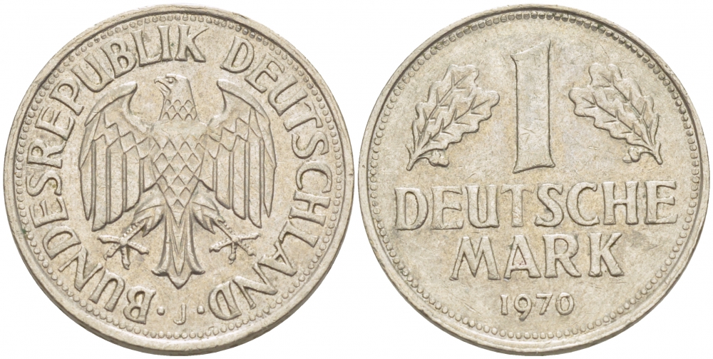 ФРГ 1 МАРКА 1970 J, KM 110, J. 385 медно-никель 3718-1134