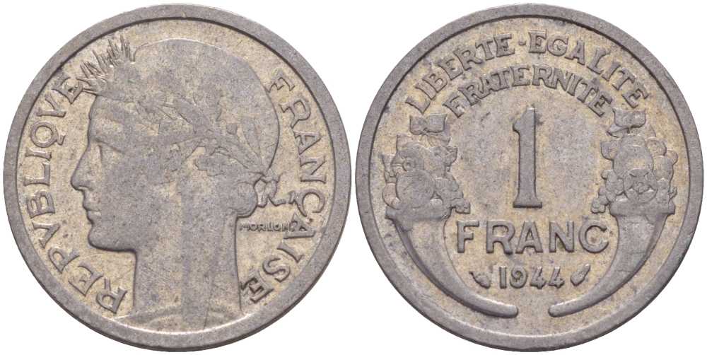 ФРАНЦИЯ 1 ФРАНК 1944 ТИП MORLON, LEGERE KM 885a.1, LE FRANC 221.3 алюминий 117-912