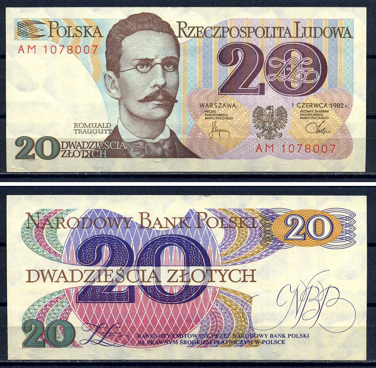 Польша 20 злотых 1982 Ромуальд Траугутт, в серии 2 буквы Pick 149 a (2) бумага UNC (пресс) 7552-35-2-1