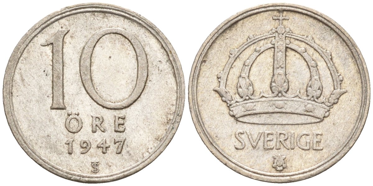 Швеция 10 эре 1947 TS, Густав V (1907-1950) KM 813 серебро 4147-853