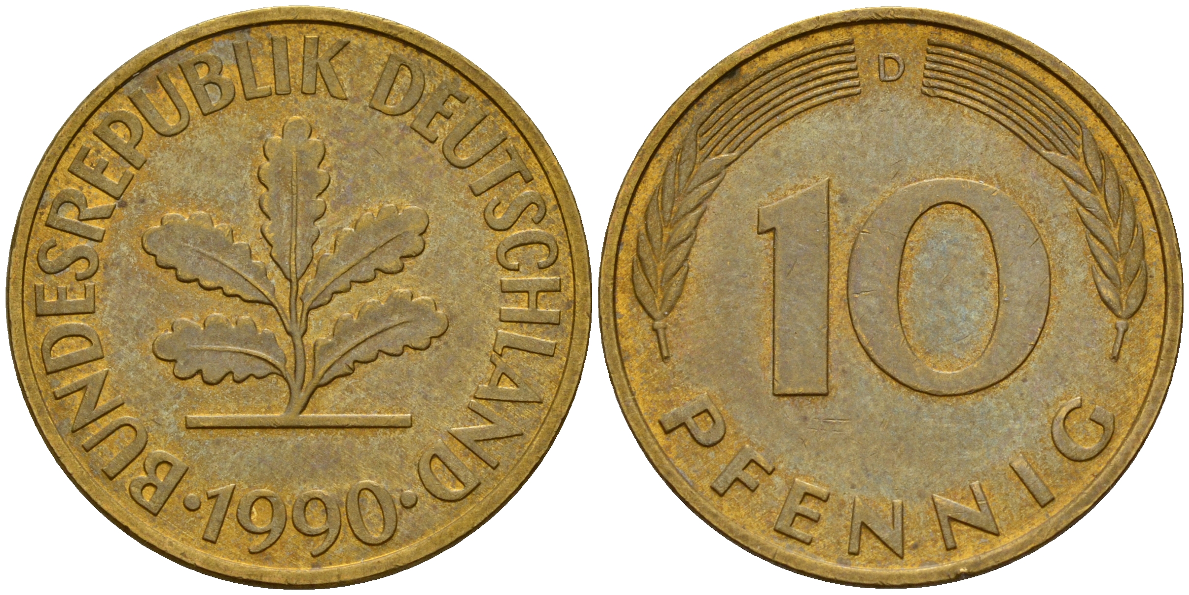 ФРГ 10 пфеннигов 1990 D J. 383, KM 108 сталь плакированная латунью    4603-625