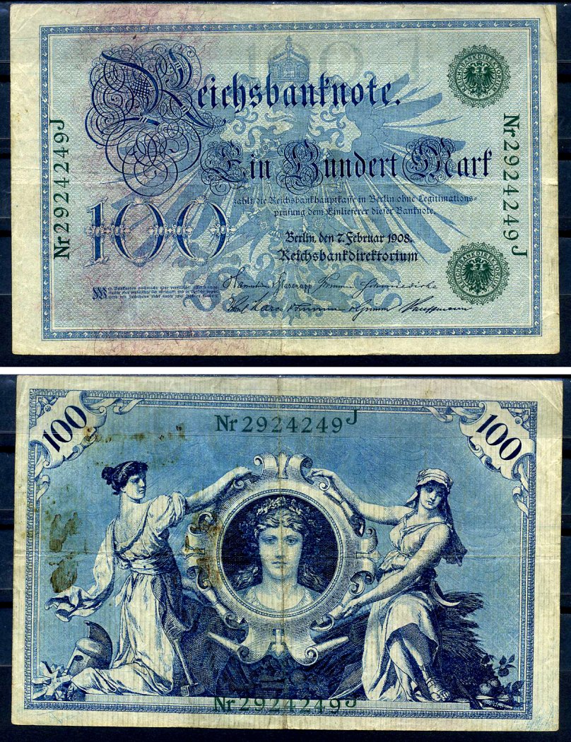 Германия 100 марок 1908 7 февраля 1908, выпуск конец 1916 - ноябрь 1918, зеленая печать Pick 34 бумага 8619-32-2-1
