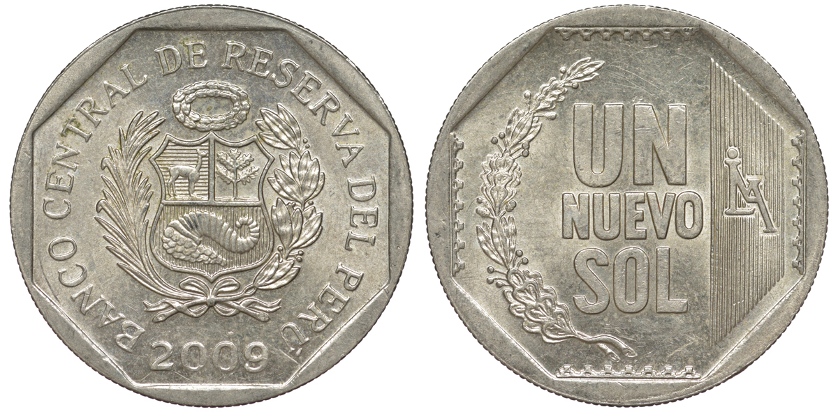 Перу 1 новый соль 2009 KM 308.4 медно-никель aUNC 4605-151