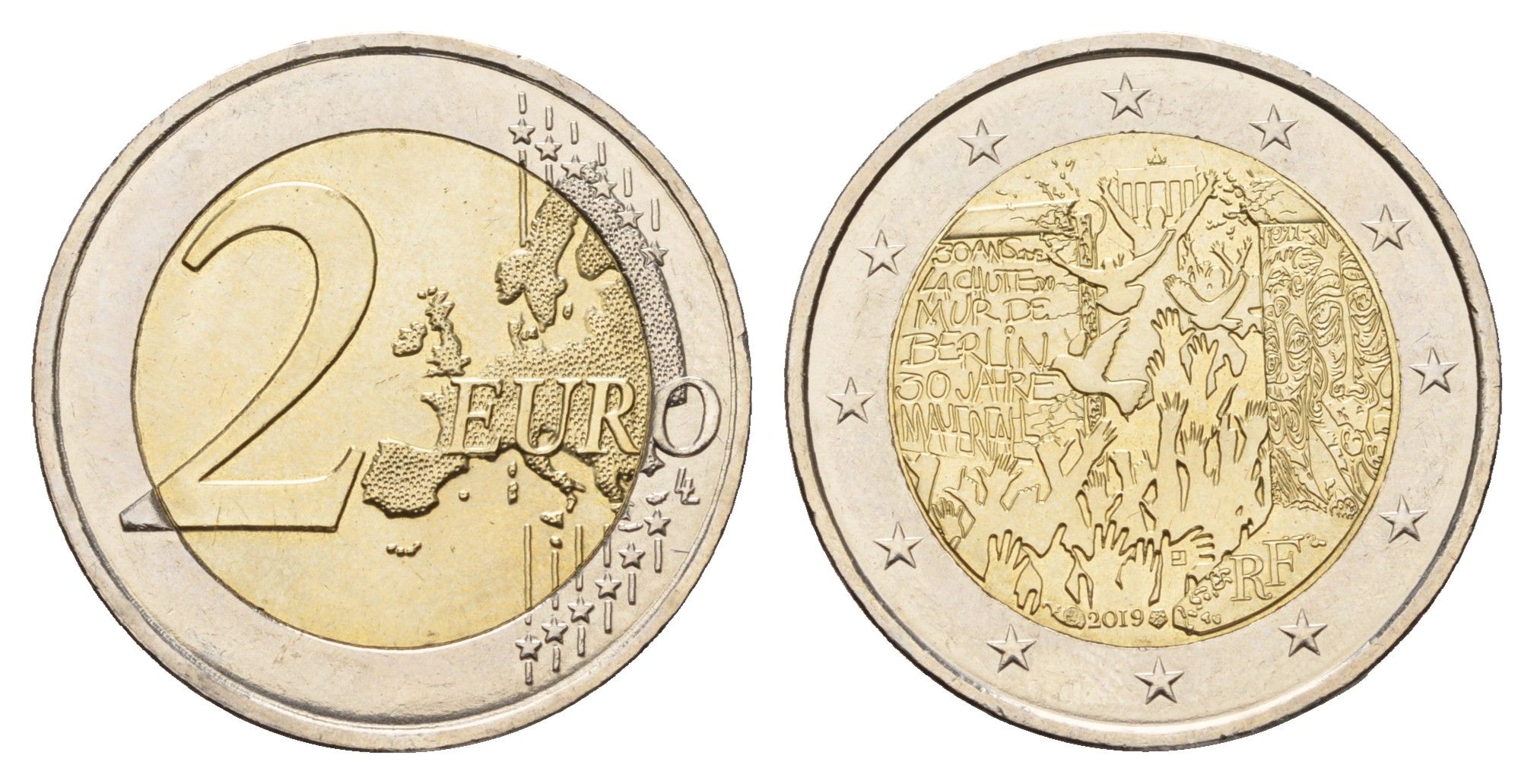 Франция 2 евро 2019 30 лет падению Берлинской стены KM 2559 биметалл UNC 68-712