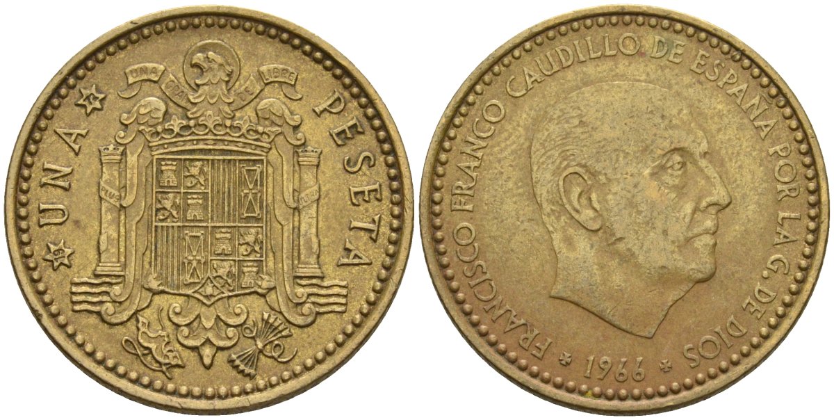 Испания 1 песета 1966 (72) Франсиско Франко (1939-1975) KM 796 алюминиевая бронза 3336-1255
