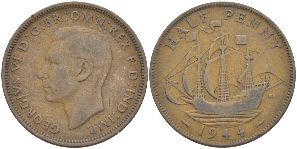 Великобритания 1/2 пенни 1944 Георг VI (1936-1952) KM 844, Spink 4115 бронза 51-5116